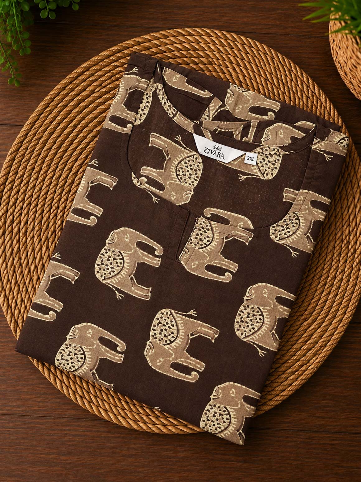 Sanjana - BROWN ELEPHANT -Trending print cotton straight cut kurti for office wear - LABEL ZIVARA