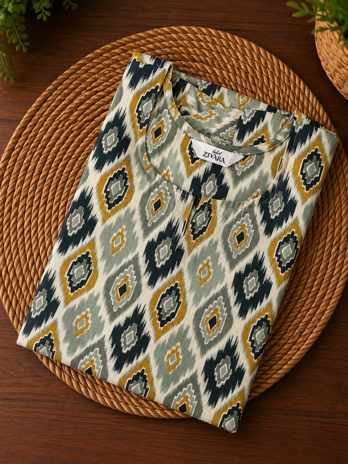 Sanjana -Green ajrakh   -Trending print cotton straight cut kurti for office wear - LABEL ZIVARA
