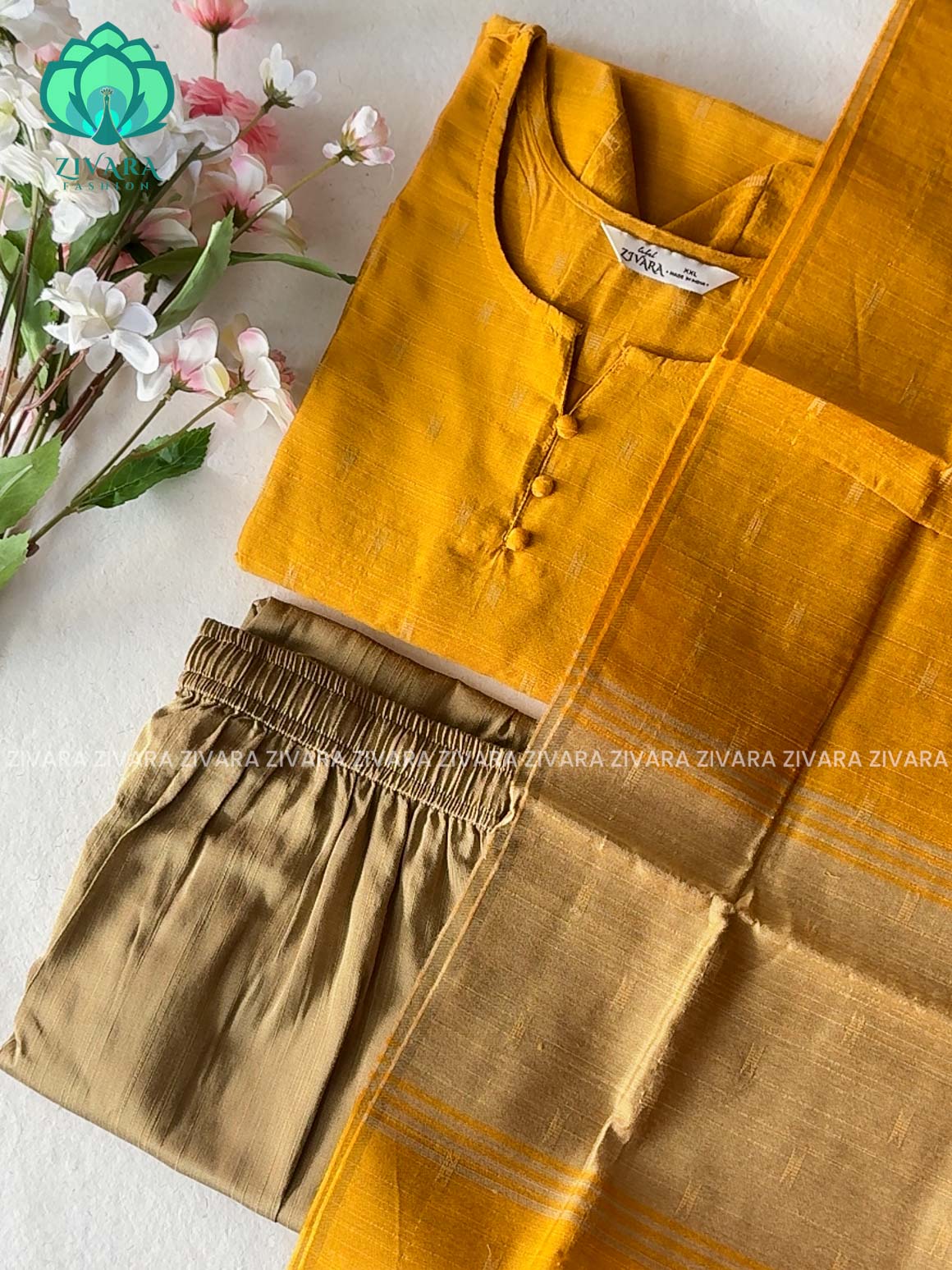 MADHAVI- GOLDEN YELLOW  - FESTIVE WEAR DUPION SILK SALWAR SET WITH DUPATTA - LABEL ZIVARA