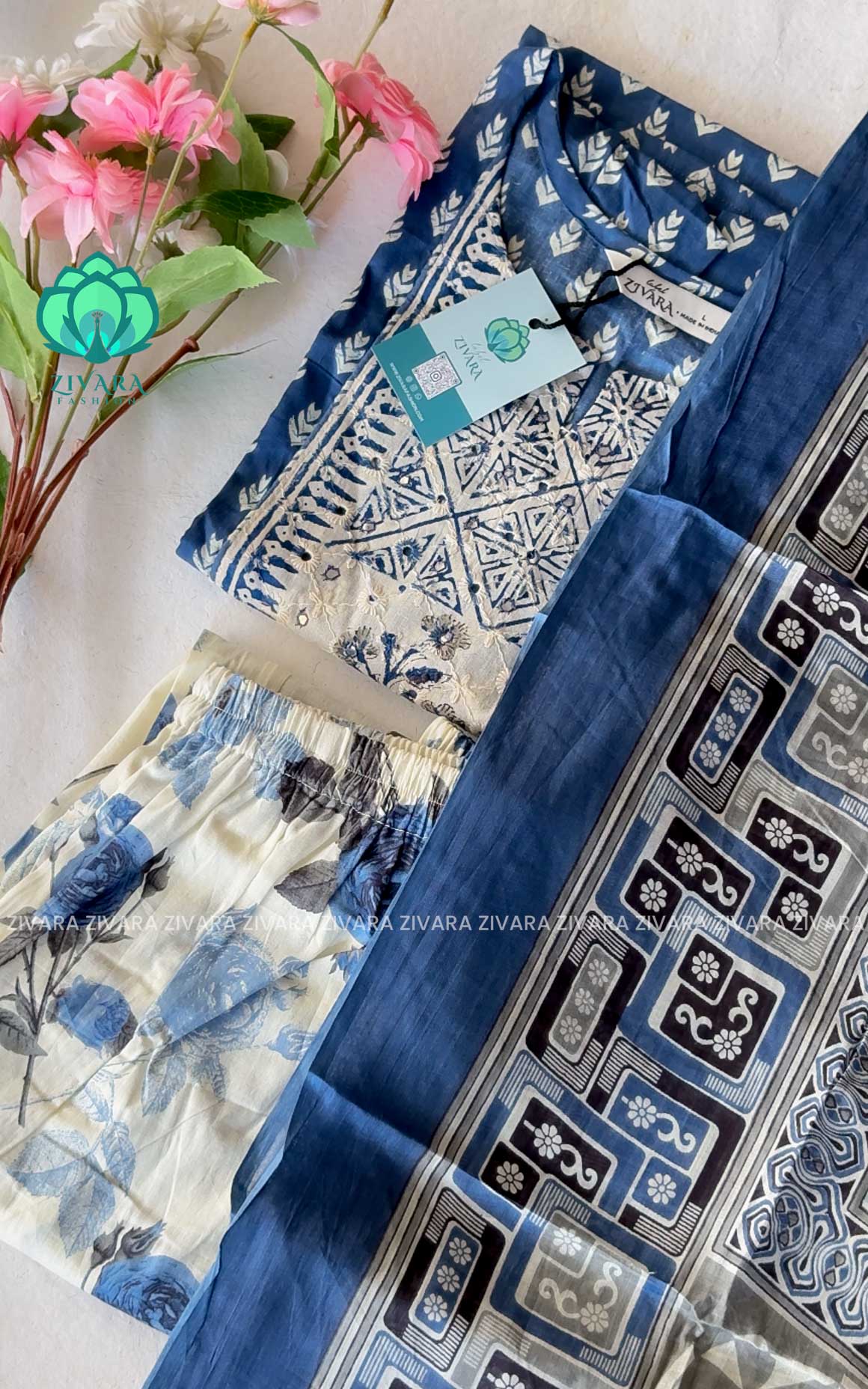 Smrithi-BLUE- MUL COTTON  OFFICE WEAR- A LINE AND FLORAL PANT SET WITH DUPATTA - LABEL ZIVARA