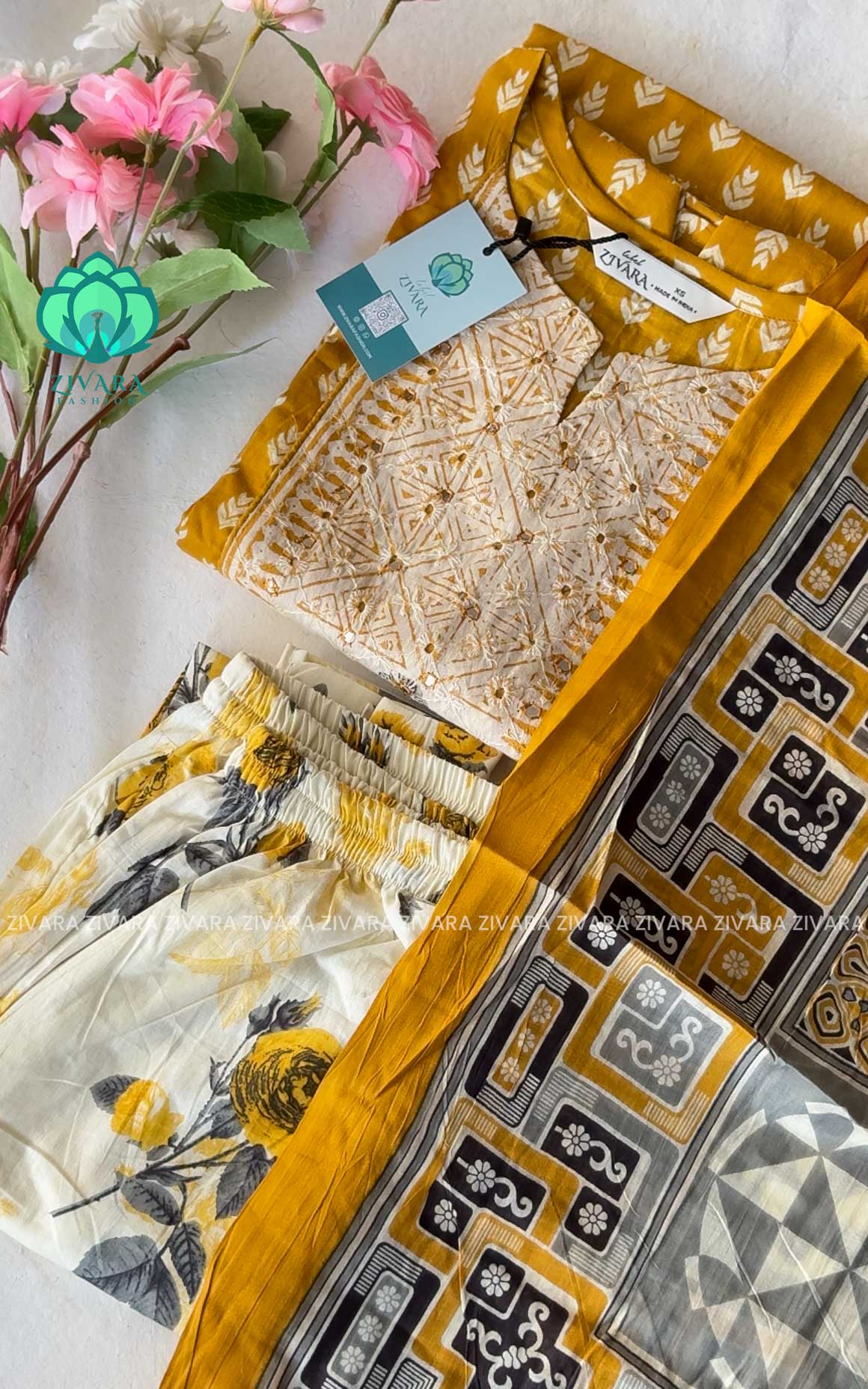 Smrithi-Yellow- MUL COTTON  OFFICE WEAR- A LINE AND FLORAL PANT SET WITH DUPATTA - LABEL ZIVARA