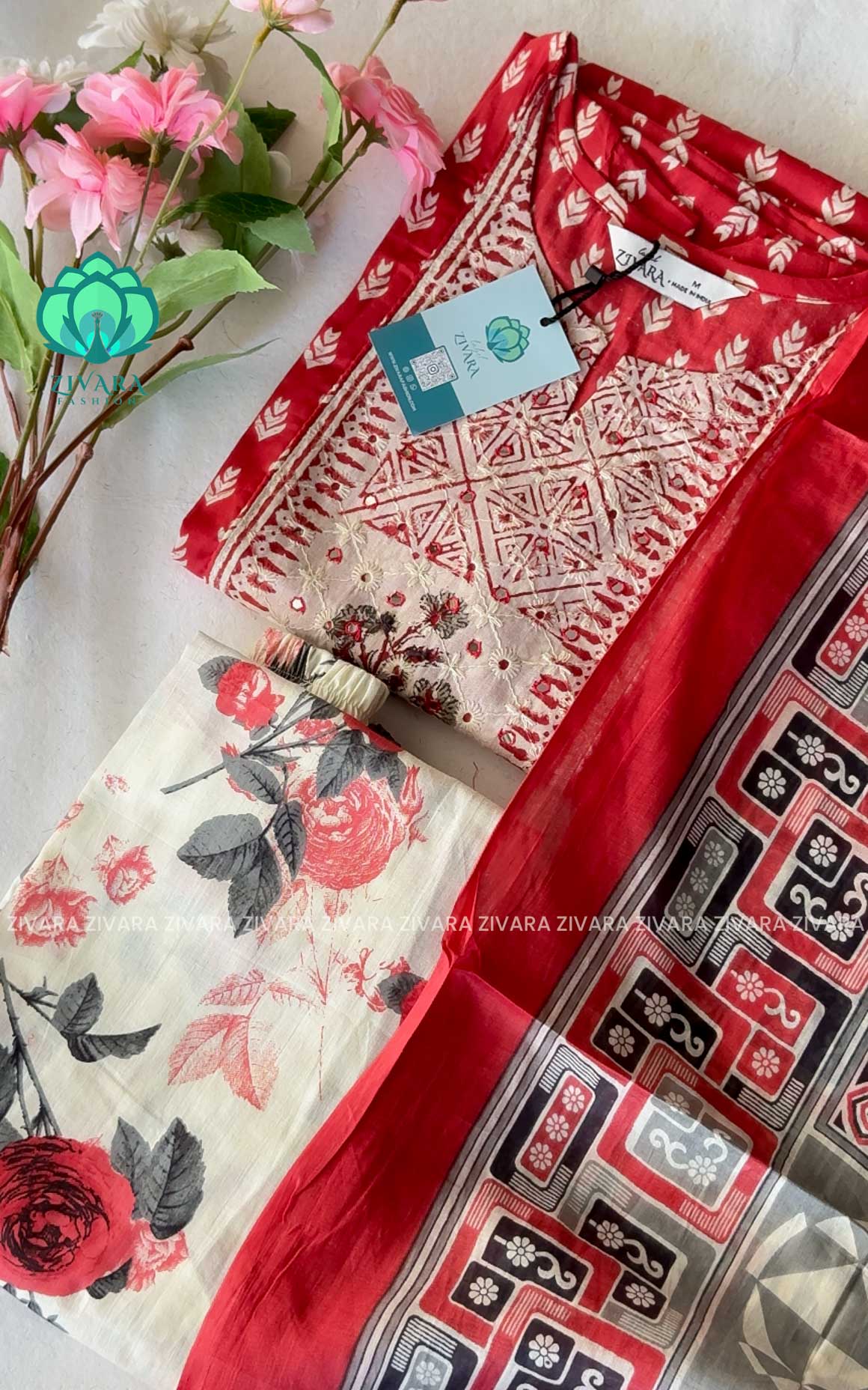 Smrithi-RED - MUL COTTON OFFICE WEAR - A LINE AND FLORAL PANT SET WITH DUPATTA - LABEL ZIVARA