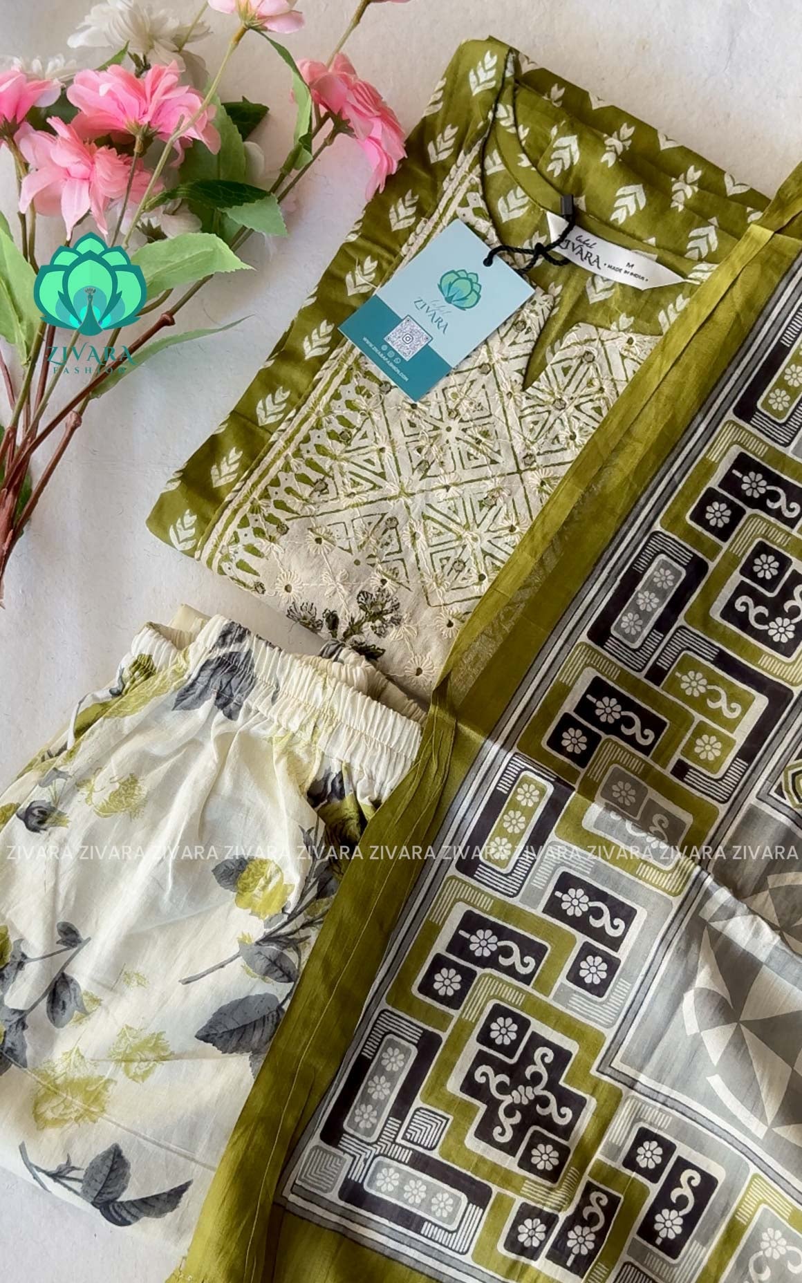 Smrithi-GREEN - MUL COTTON OFFICE WEAR - A LINE AND FLORAL PANT SET WITH DUPATTA - LABEL ZIVARA