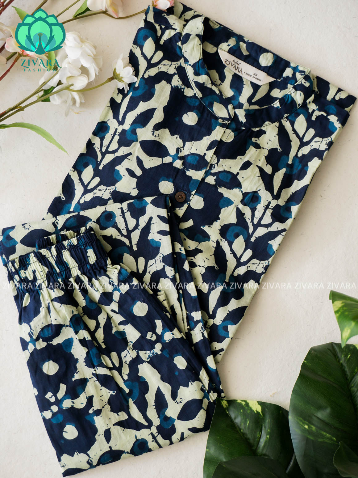Mahi-INDIGO BLUE FLORAL  - Colourful cotton everyday COMFY wear and office wear coord sets for women- Label Zivara