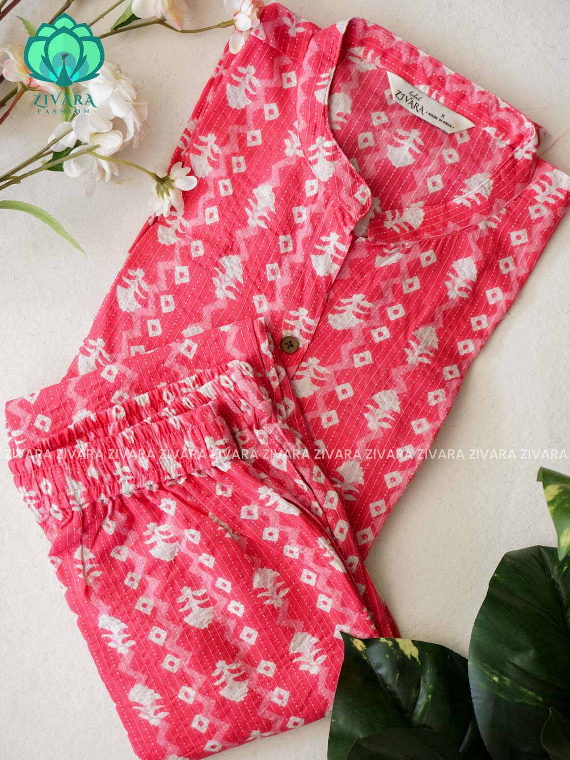 Mahi-PINK KANTHA  - Colourful cotton everyday COMFY wear and office wear coord sets for women- Label Zivara