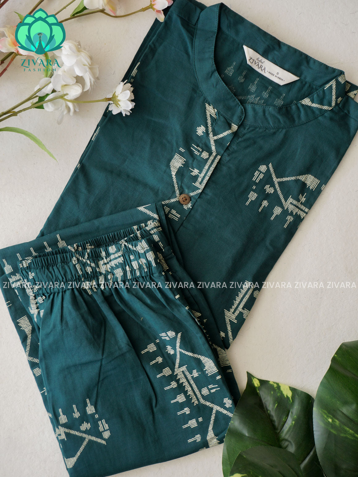 Mahi- DARK GREEN JAMDANI PRINT - Colourful cotton everyday COMFY wear and office wear coord sets for women- Label Zivara
