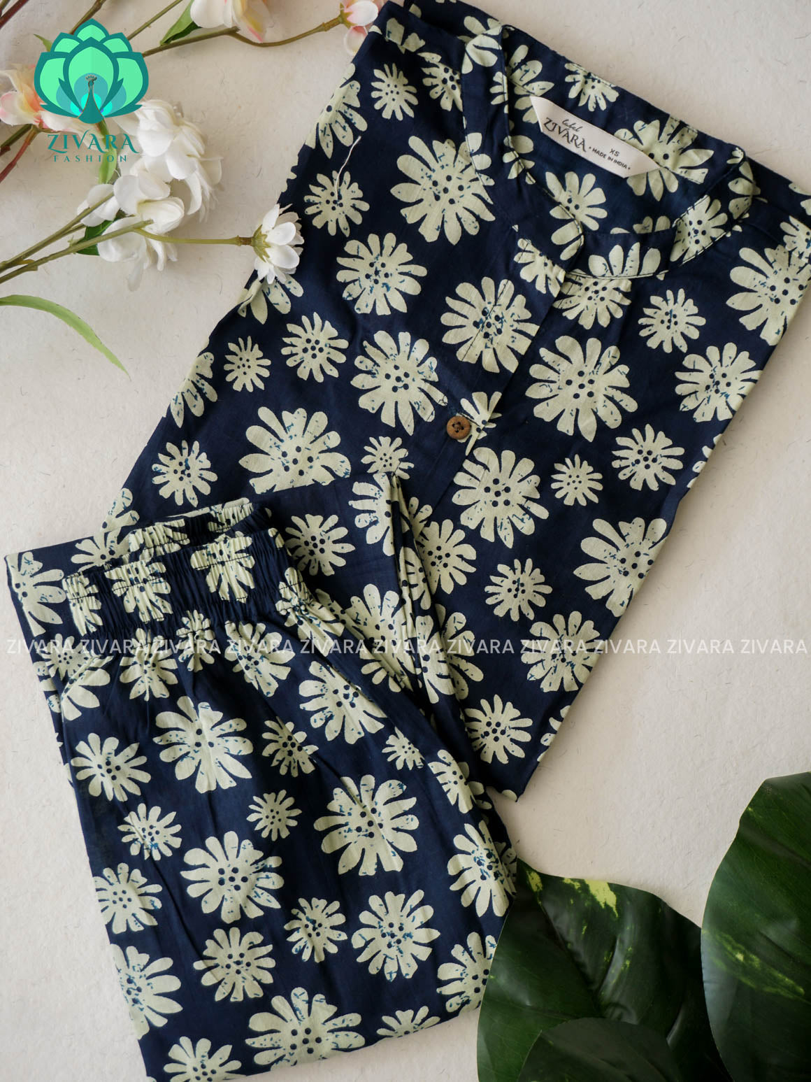 Mahi- INDIGO FLORAL  - Colourful cotton everyday COMFY wear and office wear coord sets for women- Label Zivara