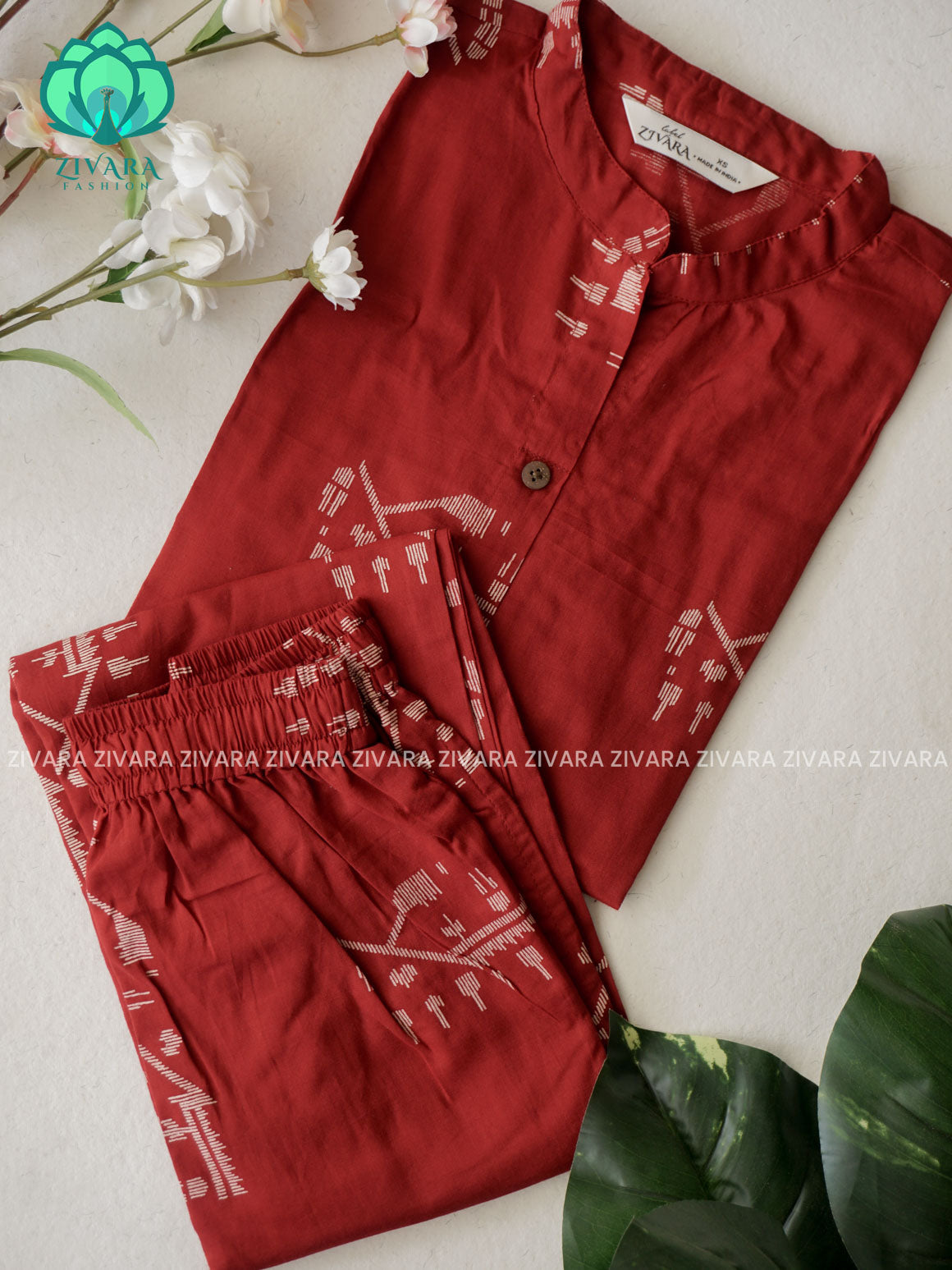 Mahi- MUD RED JAMDANI PRINT- Colourful cotton everyday COMFY and office wear coord sets for women- Label Zivara
