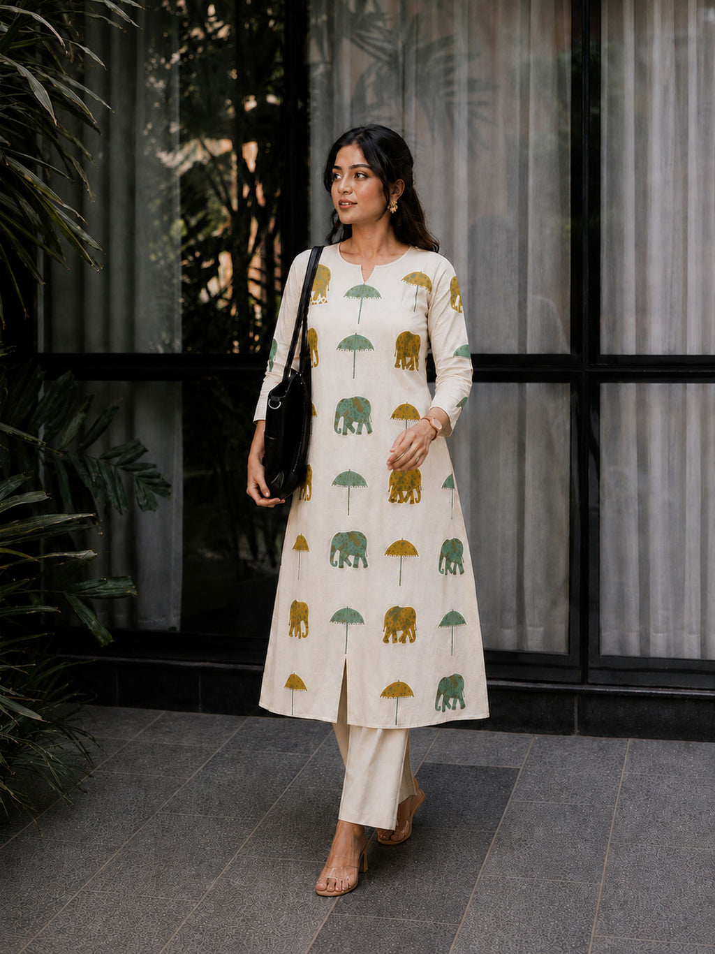 Aradhya - Elephant prints - A line kurti with pockets for office wear - only top - LABEL ZIVARA