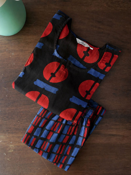 BLACK AND RED  - TAMIRA - COMFY AND OFFICE WEAR pure handloom cotton flex Full length A- LINE  coord sets for women- Label Zivara