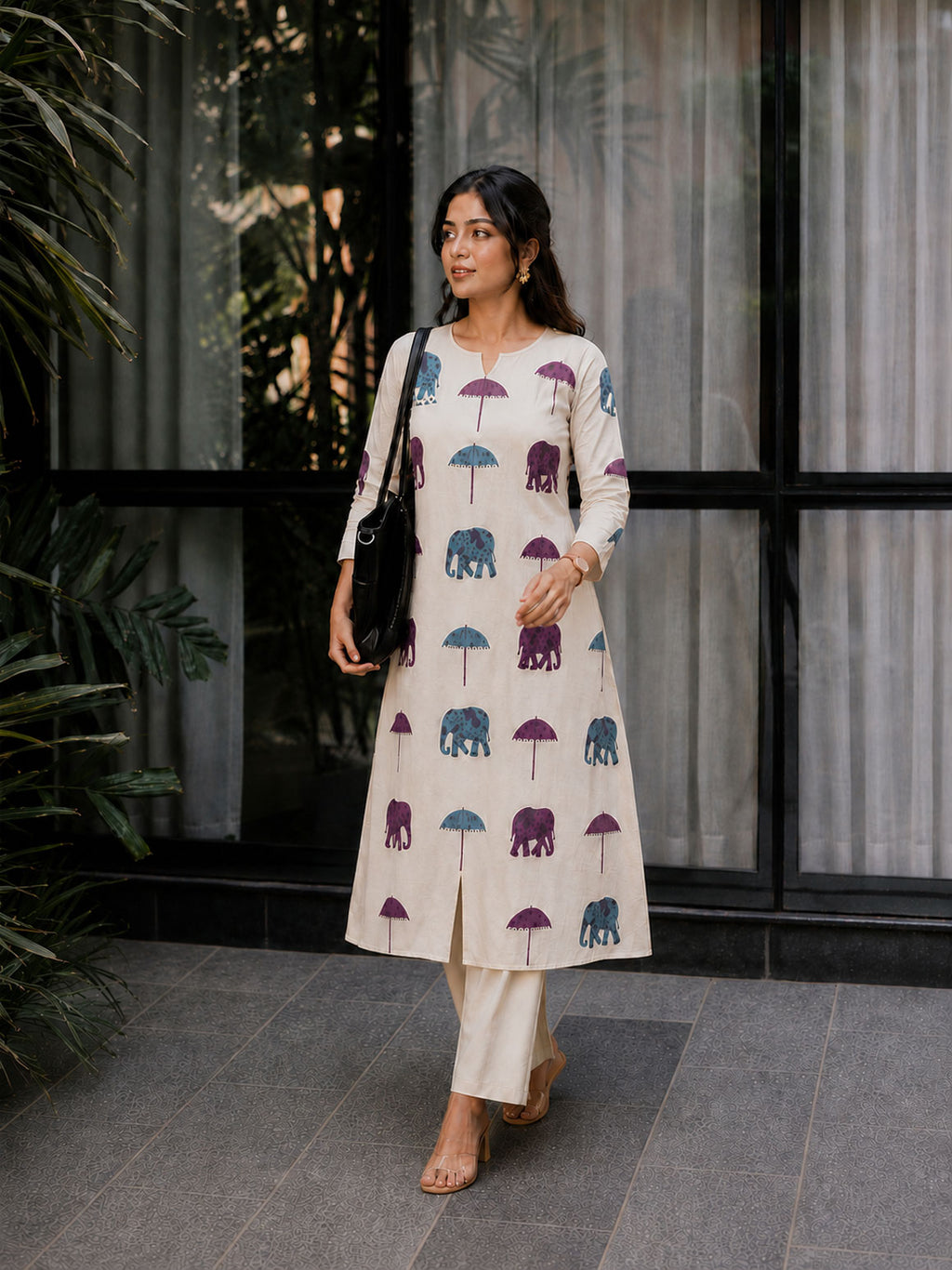 Aradhya - Elephant prints - A line kurti with pockets for office wear - only top - LABEL ZIVARA