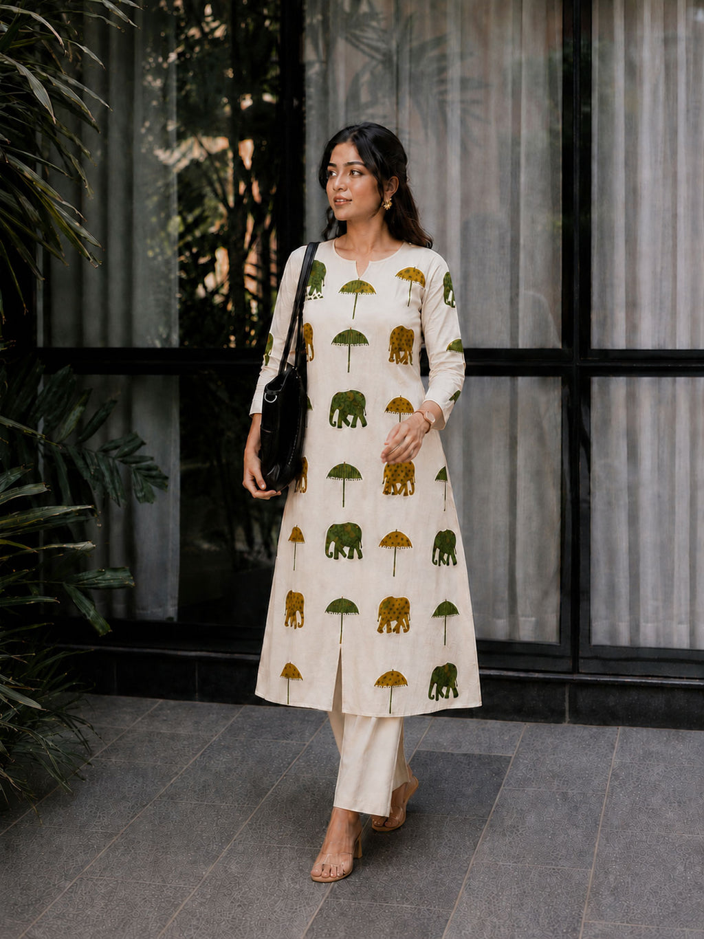Aradhya - Elephant prints - A line kurti with pockets for office wear - Only top - LABEL ZIVARA